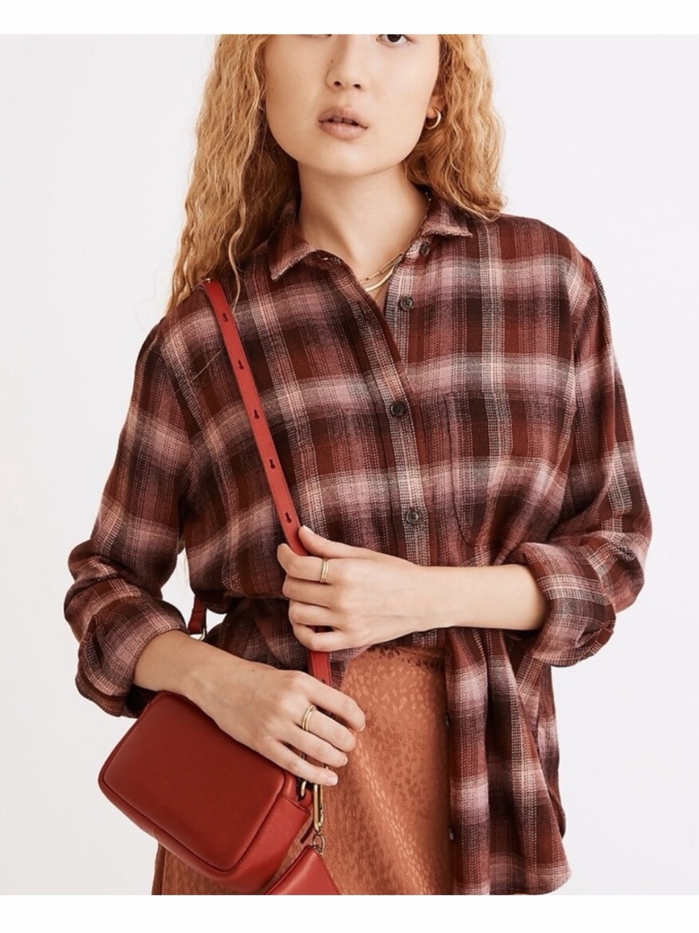 Madewell Oversized Ex Boyfriend Faded Fig Plaid Flannel Swing Shirt